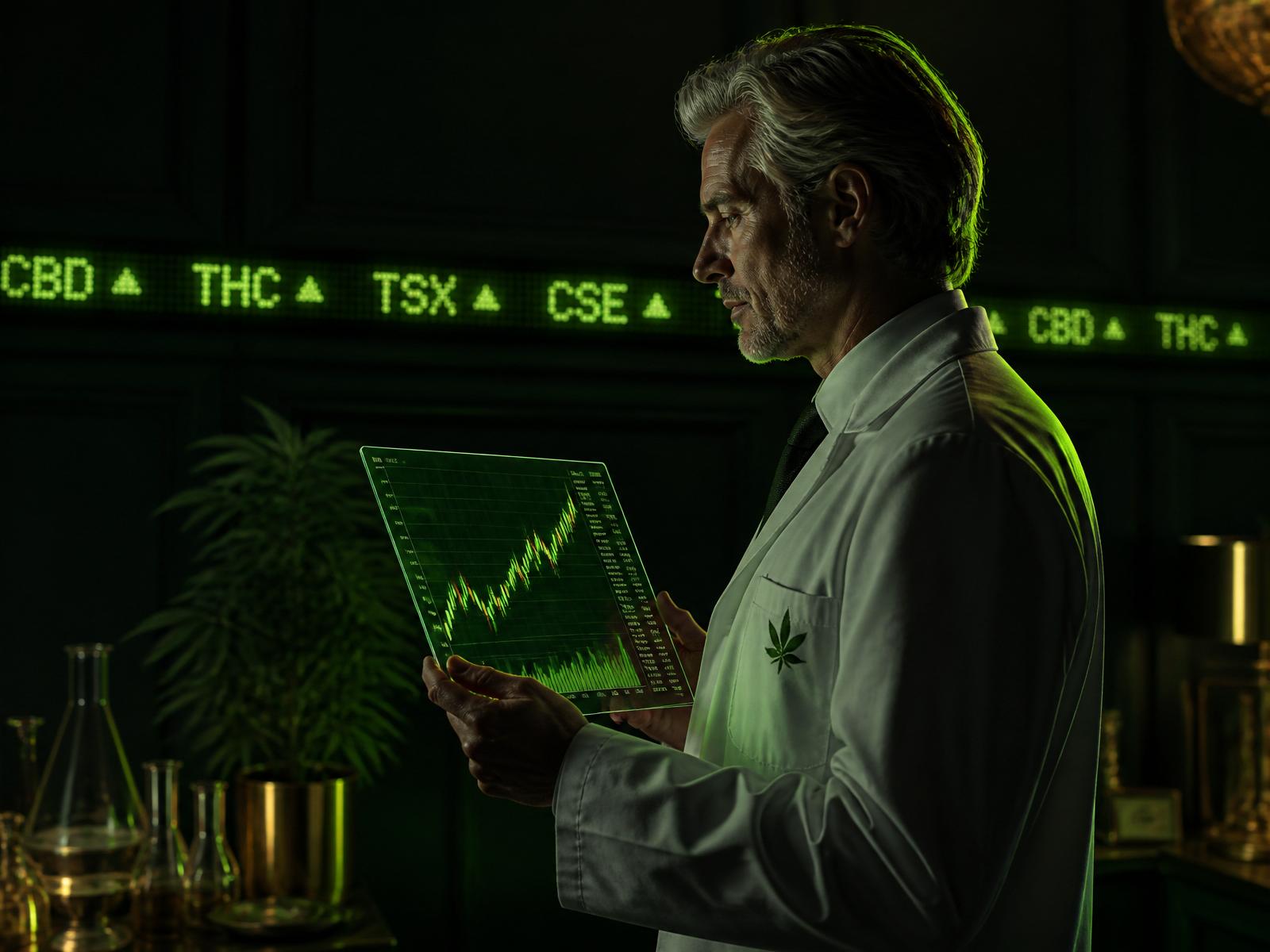 Cannabinoid scientist in a labcoat reviewing a live stock ticker chart — cannabinoid.io capital markets platform
